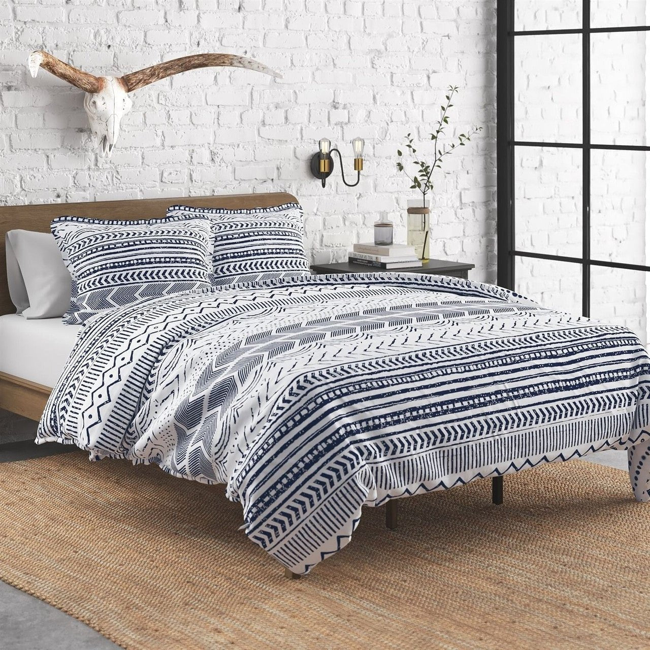 3 Piece Scandinavian Blue White Reversible Cotton Set in Full/Queen - DraftFuel Sports