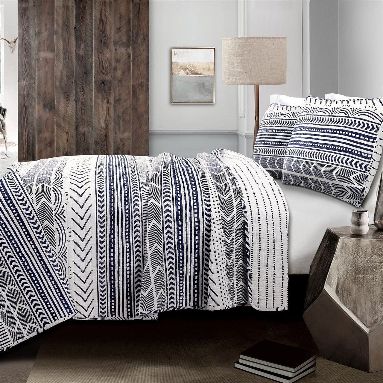 3 Piece Scandinavian Blue White Reversible Cotton Set in Full/Queen - DraftFuel Sports