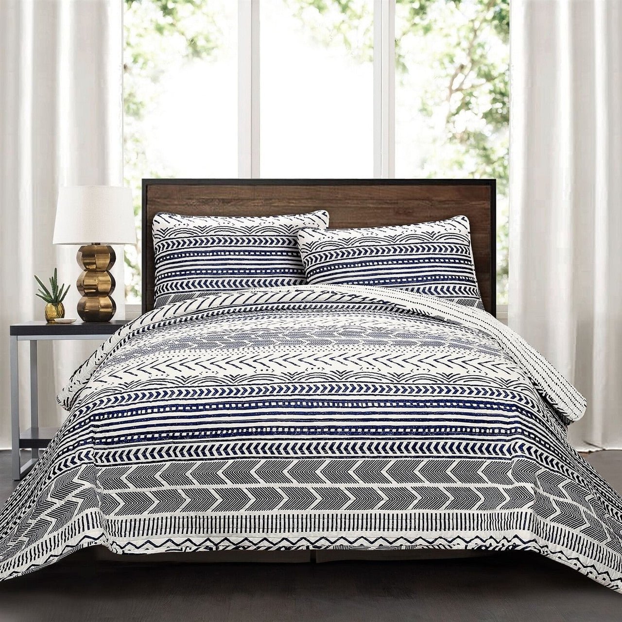 3 Piece Scandinavian Blue White Reversible Cotton Set in Full/Queen - DraftFuel Sports