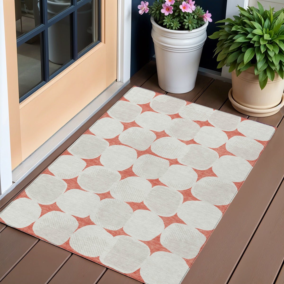 3' X 5' Salmon Beige And Ivory Abstract Washable Indoor Outdoor Area Rug - DraftFuel Sports