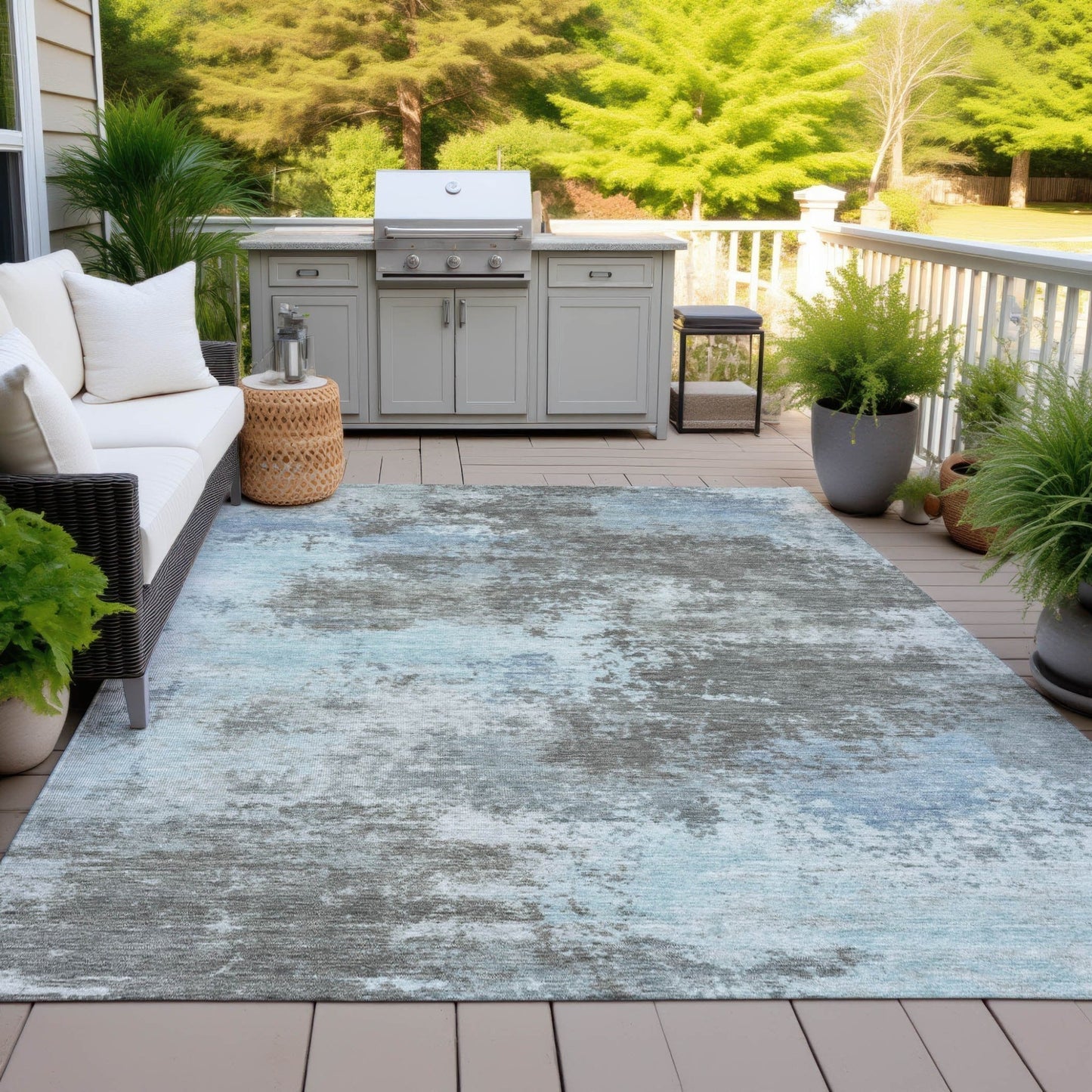 3' X 5' Taupe And Sky Blue Abstract Washable Indoor Outdoor Area Rug - DraftFuel Sports