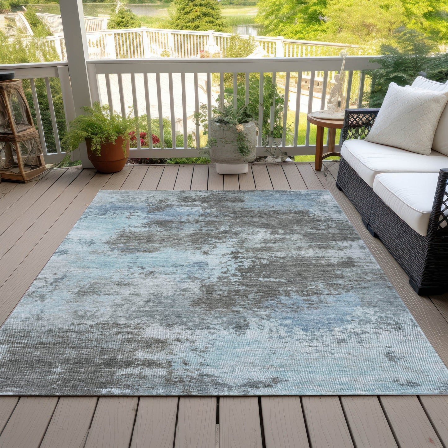 3' X 5' Taupe And Sky Blue Abstract Washable Indoor Outdoor Area Rug - DraftFuel Sports