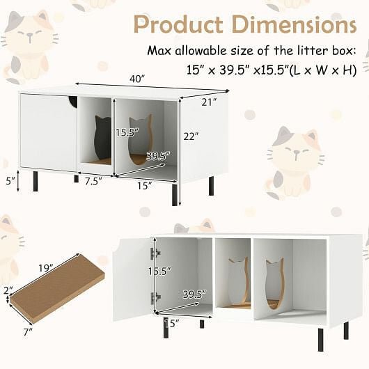 40 Inch Cat Litter Box Enclosure for 2 Cats Hidden Cat Washroom - White - DraftFuel Sports