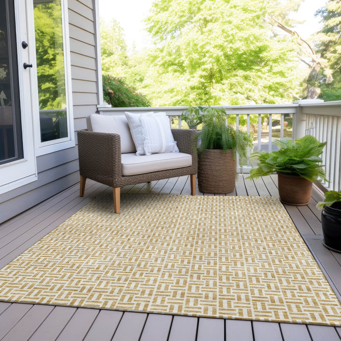 9' X 12' Gold And Ivory Geometric Washable Indoor Outdoor Area Rug - DraftFuel Sports