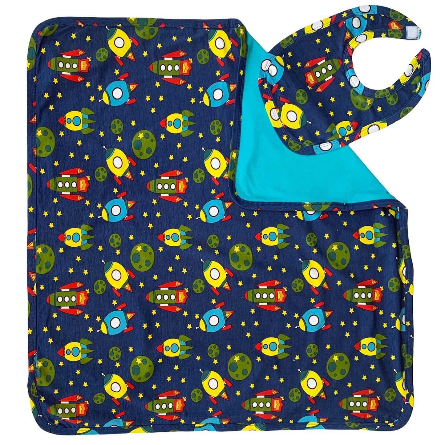 AnnLoren Baby Toddler Boy Space Ship Blanket & Bib Gift Set 2 pc Knit Cotton - DraftFuel Sports