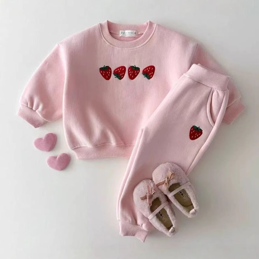 Autumn Baby Kids Unisex Casual Strawberry Embroidered Pattern Long Sleeves Top Pullover and Pants Clothing Set - DraftFuel Sports