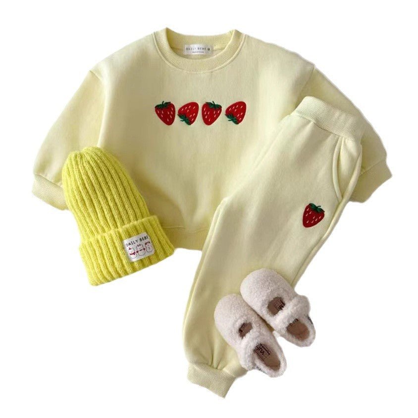 Autumn Baby Kids Unisex Casual Strawberry Embroidered Pattern Long Sleeves Top Pullover and Pants Clothing Set - DraftFuel Sports