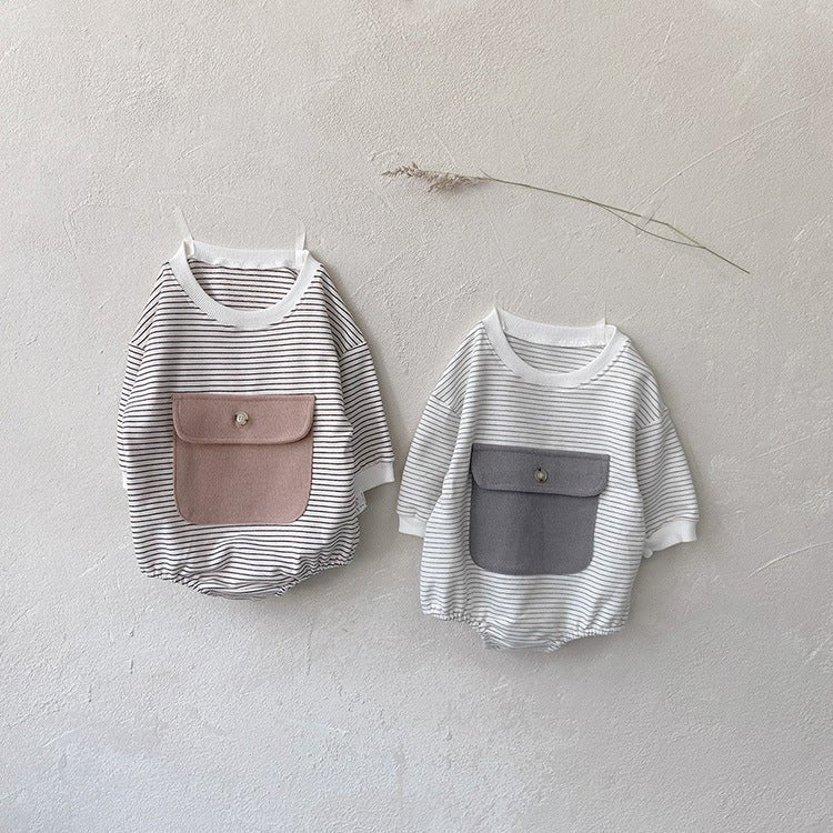 Baby Girl Striped Pattern Big Pocket Design Newborn Bodysuit - DraftFuel Sports