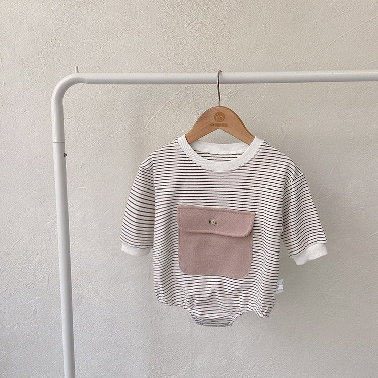 Baby Girl Striped Pattern Big Pocket Design Newborn Bodysuit - DraftFuel Sports