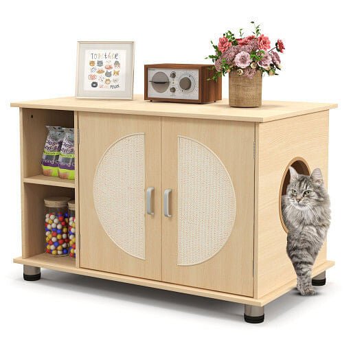Cat Litter Box Enclosure with Sisal Scratching Doors and Adjustable Metal Feet - Natural - DraftFuel Sports