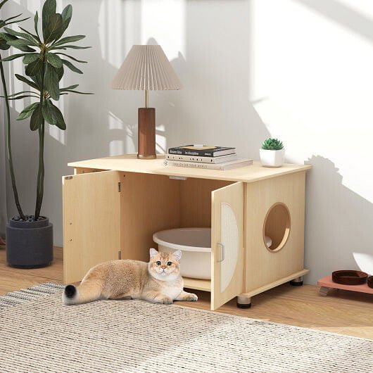 Cat Litter Box Enclosure with Sisal Scratching Doors and Adjustable Metal Feet - Natural - DraftFuel Sports