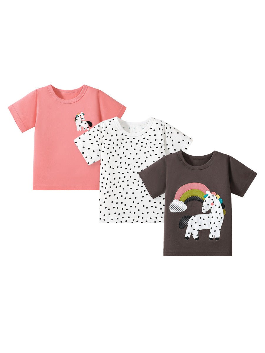 Girls’ Dots Cartoon Pattern Short Sleeves T-shirt in European and American Style for Summer - DraftFuel Sports