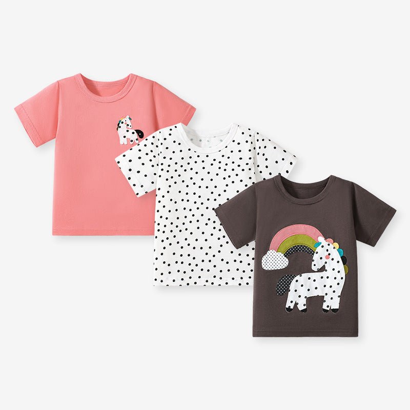 Girls’ Dots Cartoon Pattern Short Sleeves T-shirt in European and American Style for Summer - DraftFuel Sports