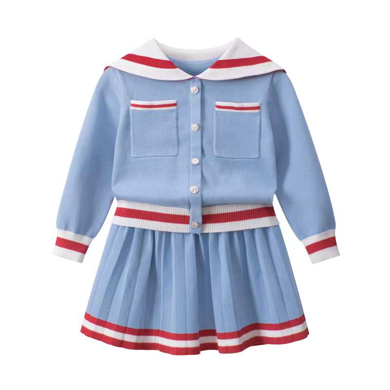 Girls Navy Collar Top Combo Skirt Knitwear Sets - DraftFuel Sports
