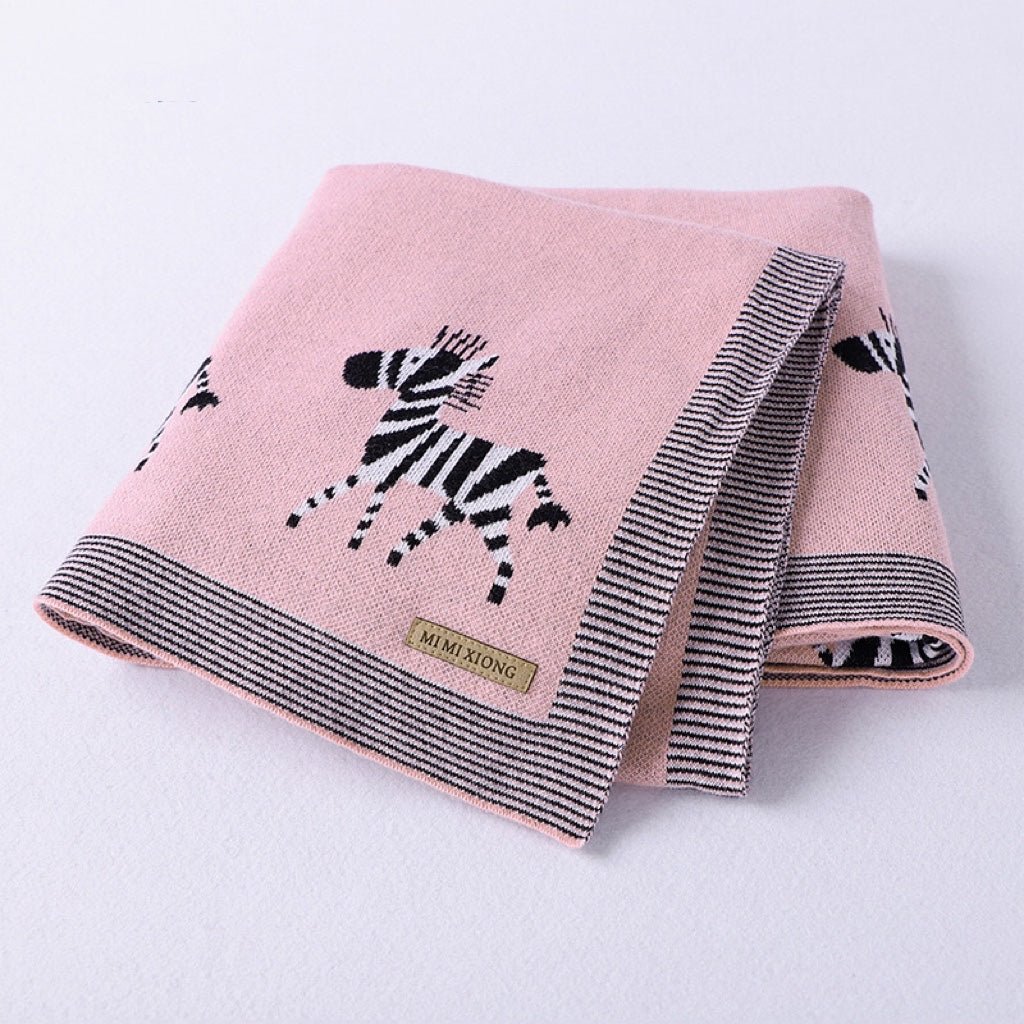 Kids Cartoon Animal Embroidery & Striped Pattern Pure Cotton Blanket - DraftFuel Sports