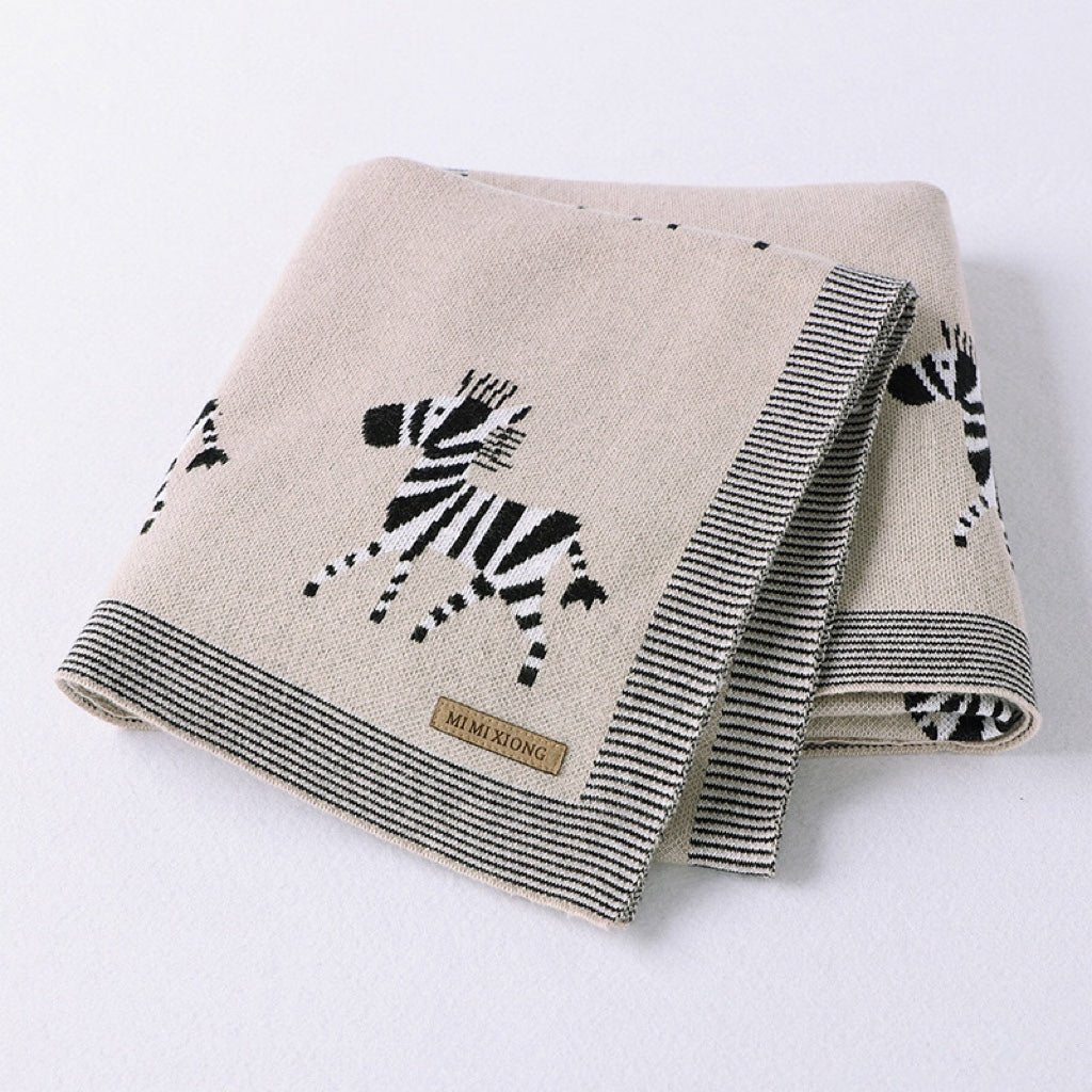 Kids Cartoon Animal Embroidery & Striped Pattern Pure Cotton Blanket - DraftFuel Sports