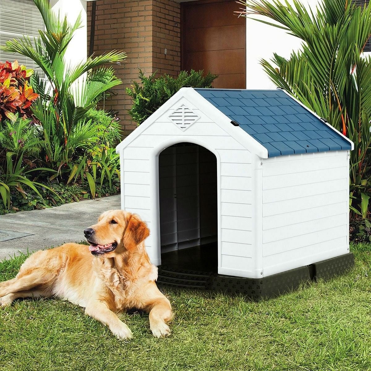 Medium size Dog House Outdoor White Blue Plastic with Elevated Floor - DraftFuel Sports