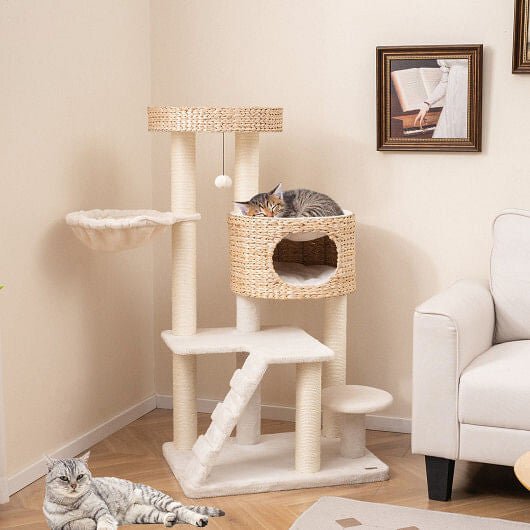 Modern Cat Tree for Indoor Cats with Cattail Fluff Condo and Top Perch - Natural - DraftFuel Sports