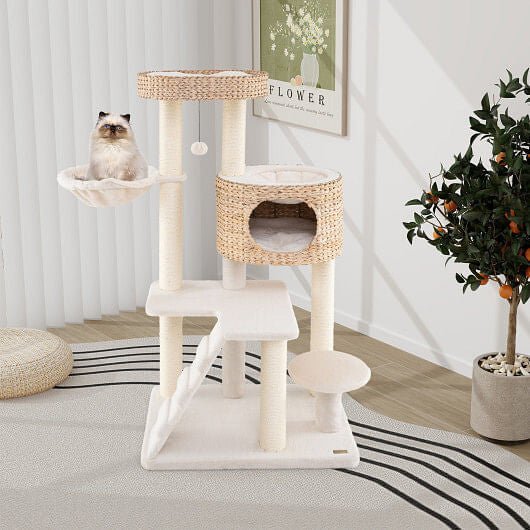 Modern Cat Tree for Indoor Cats with Cattail Fluff Condo and Top Perch - Natural - DraftFuel Sports