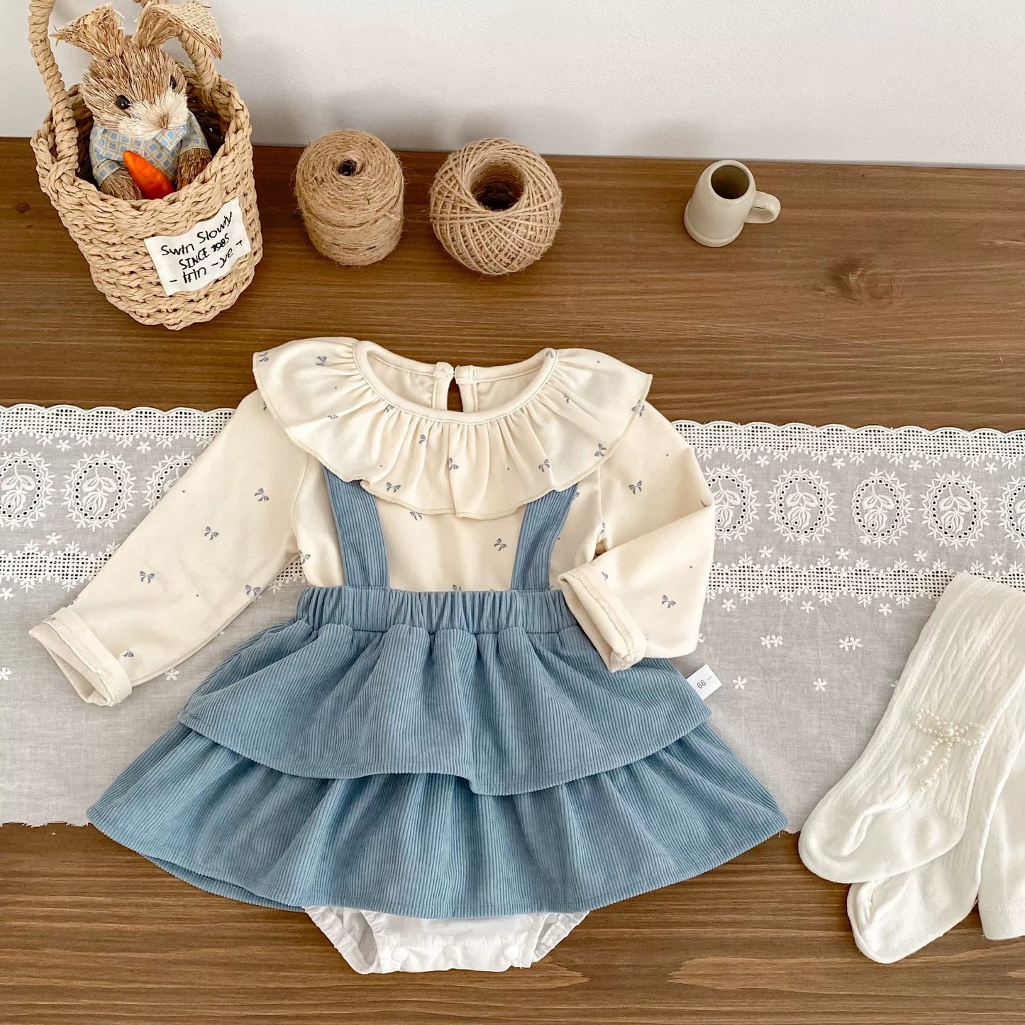Spring and Autumn Baby Kids Girls Butterfly - bows Pattern Long Sleeves Beige Top and Sleeveless Onesies Overalls Clothing Set - DraftFuel Sports