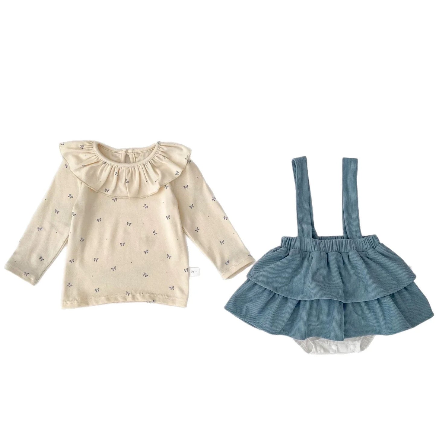 Spring and Autumn Baby Kids Girls Butterfly - bows Pattern Long Sleeves Beige Top and Sleeveless Onesies Overalls Clothing Set - DraftFuel Sports