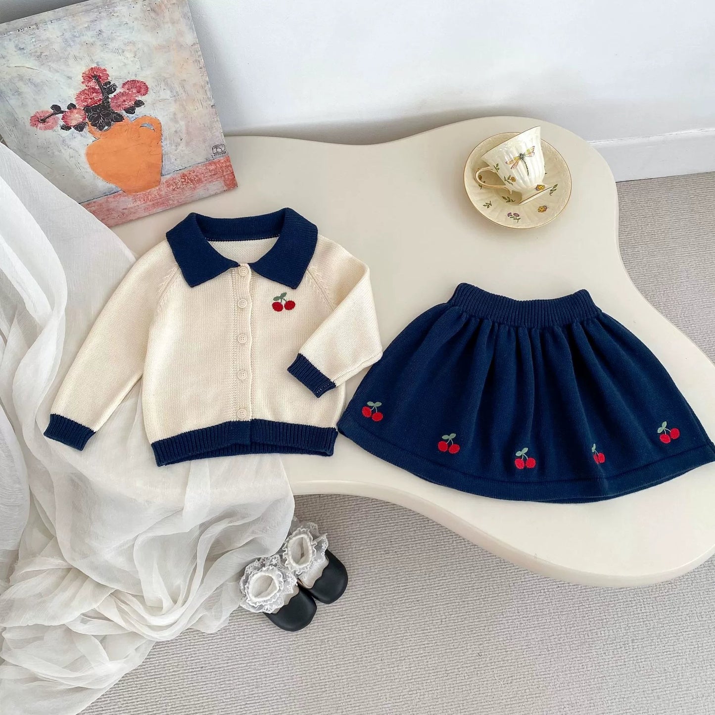 Spring and Autumn Kids Girls Cherry Embroidered Pattern Long Sleeves Knitted Cardigan and Skirt Clothing Set - DraftFuel Sports