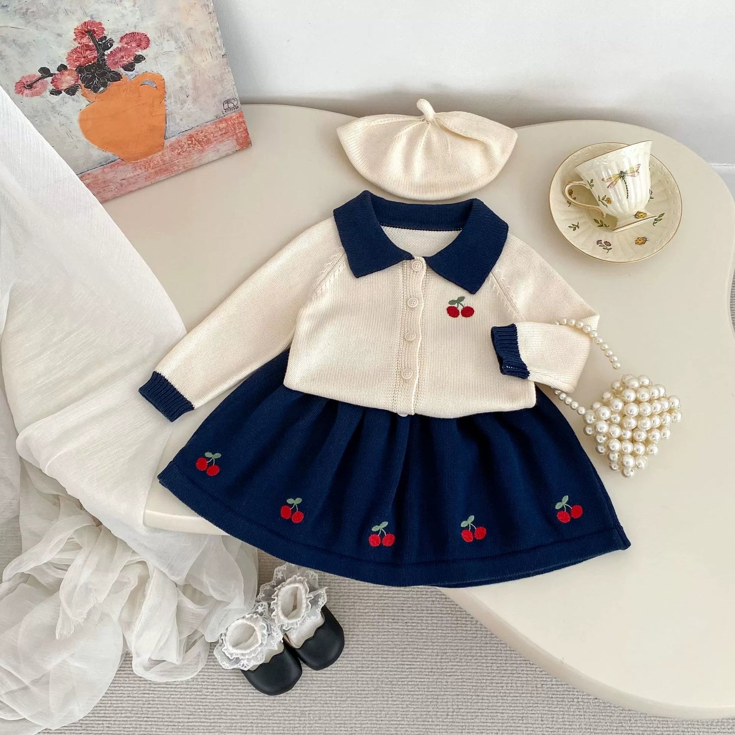 Spring and Autumn Kids Girls Cherry Embroidered Pattern Long Sleeves Knitted Cardigan and Skirt Clothing Set - DraftFuel Sports