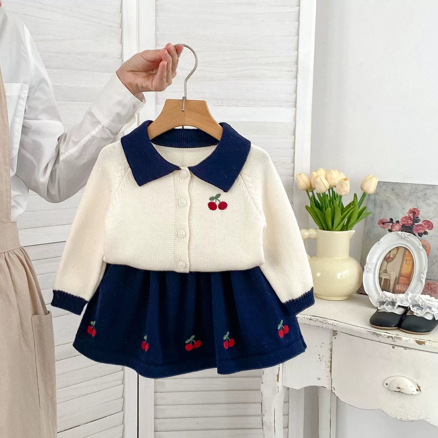 Spring and Autumn Kids Girls Cherry Embroidered Pattern Long Sleeves Knitted Cardigan and Skirt Clothing Set - DraftFuel Sports