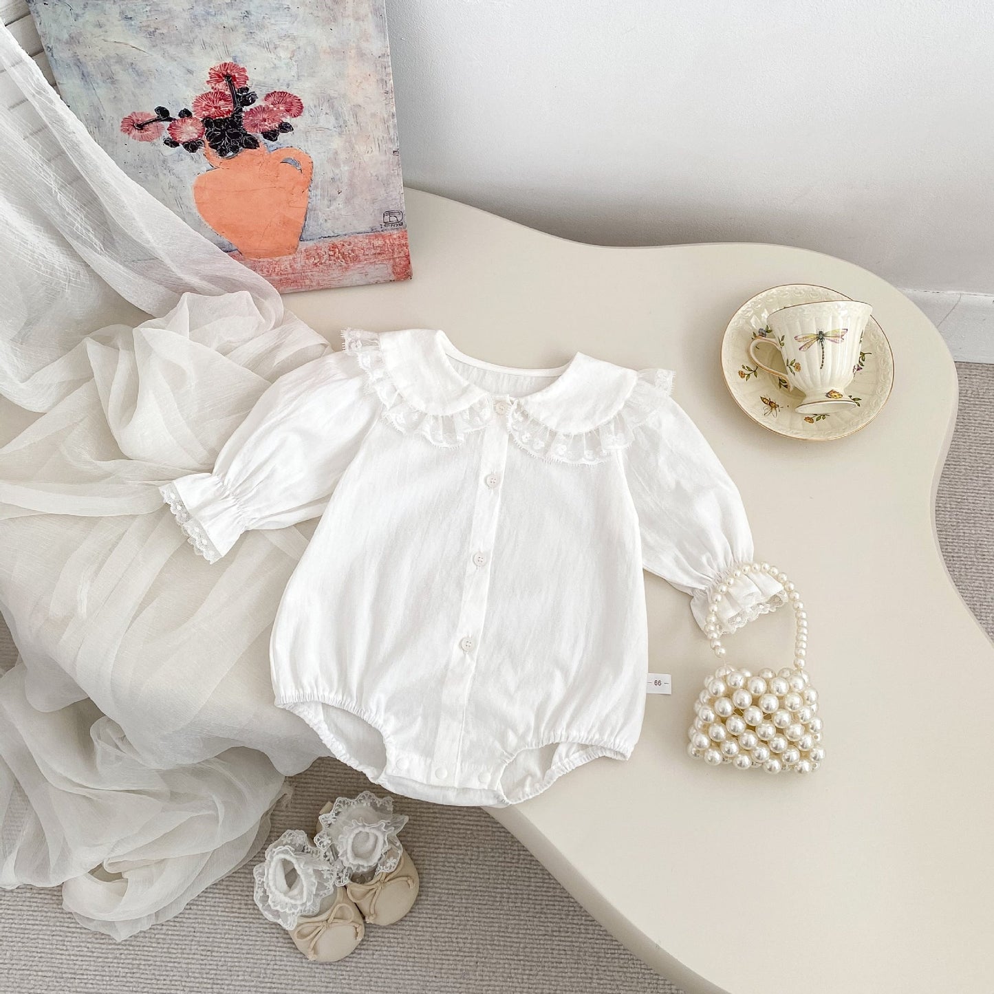 Spring Arrival Baby Girls Long Sleeves Floral Embroidered Lace Trim Collar Onesies Bodysuits - DraftFuel Sports