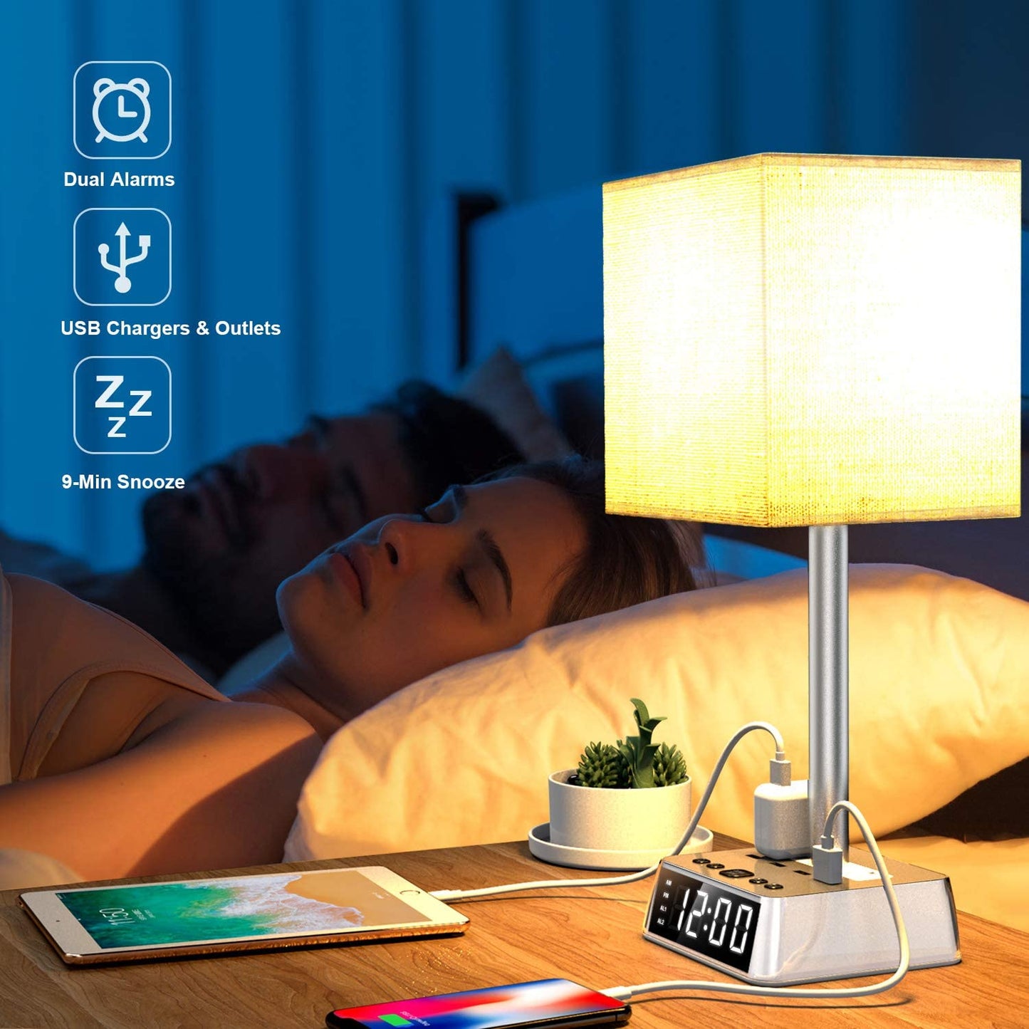 Table Lamp, 4 USB Ports & AC Power Outlets, Alarm Clock - DraftFuel Sports