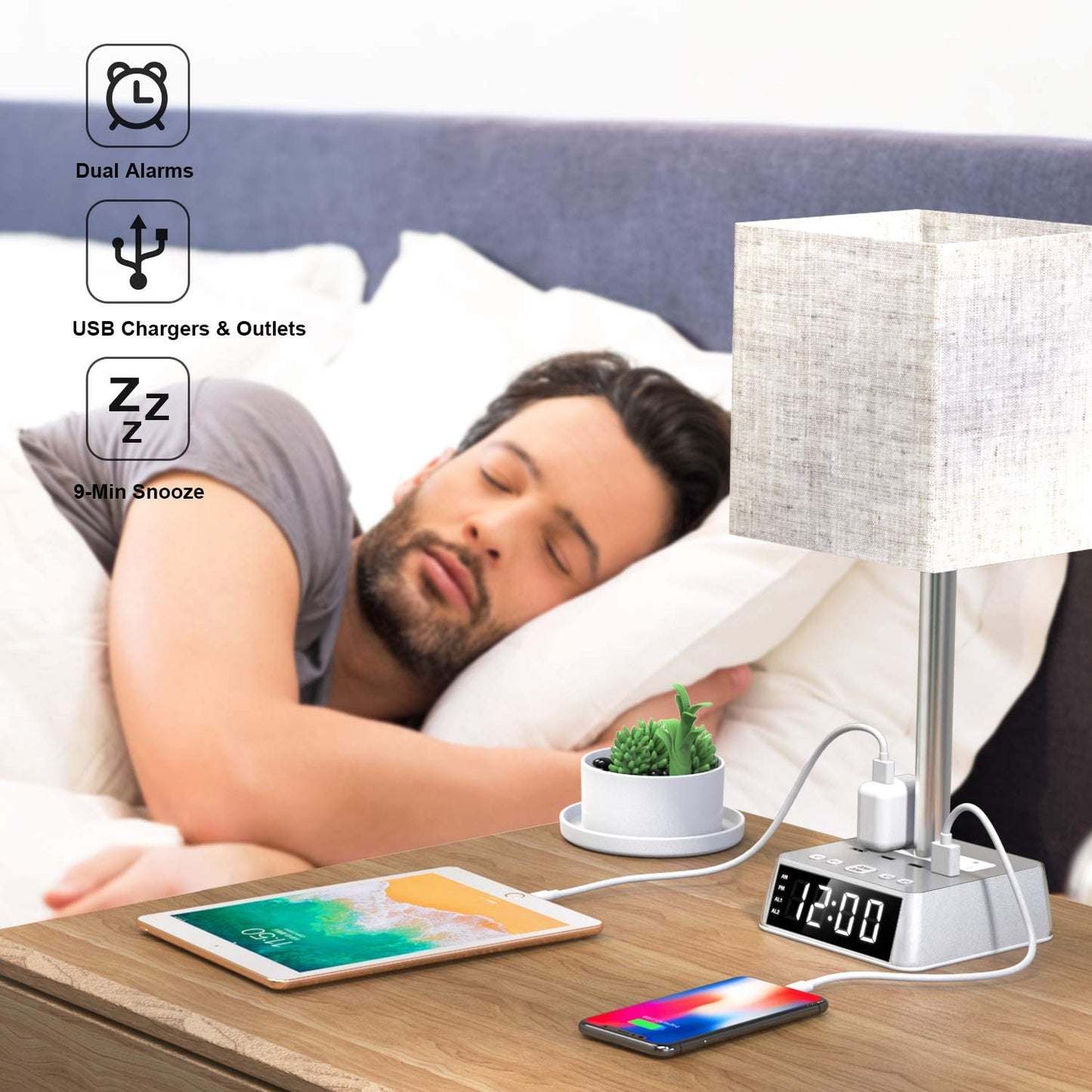 Table Lamp, 4 USB Ports & AC Power Outlets, Alarm Clock - DraftFuel Sports