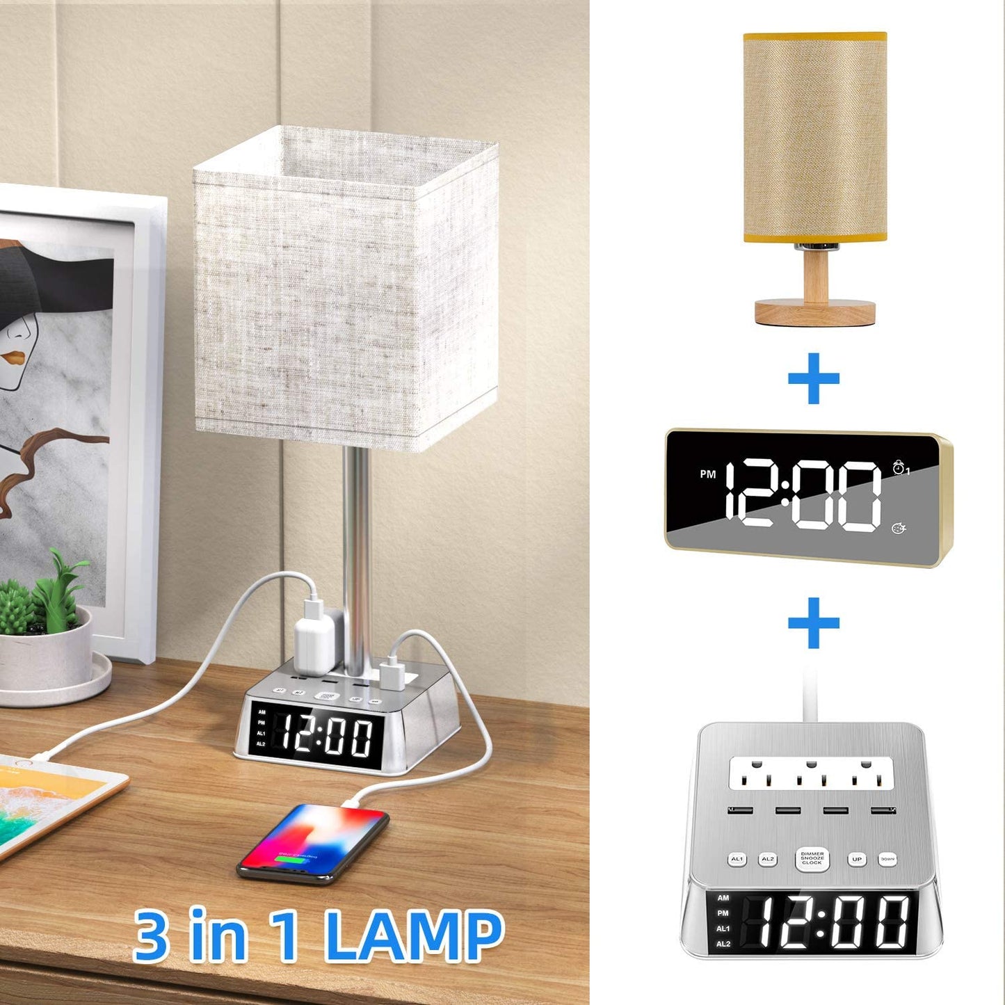 Table Lamp, 4 USB Ports & AC Power Outlets, Alarm Clock - DraftFuel Sports