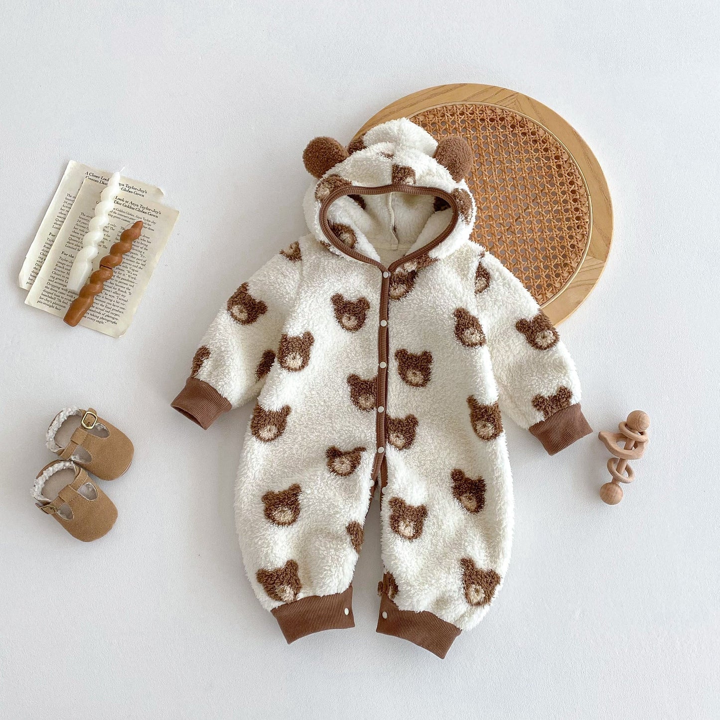 Winter Arrival Baby Cute Teddy Hooded Design Warm Fleece Rompers - DraftFuel Sports