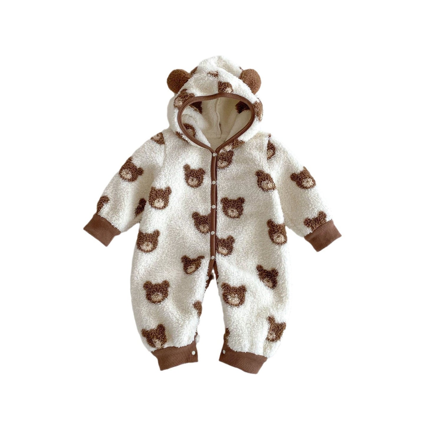 Winter Arrival Baby Cute Teddy Hooded Design Warm Fleece Rompers - DraftFuel Sports