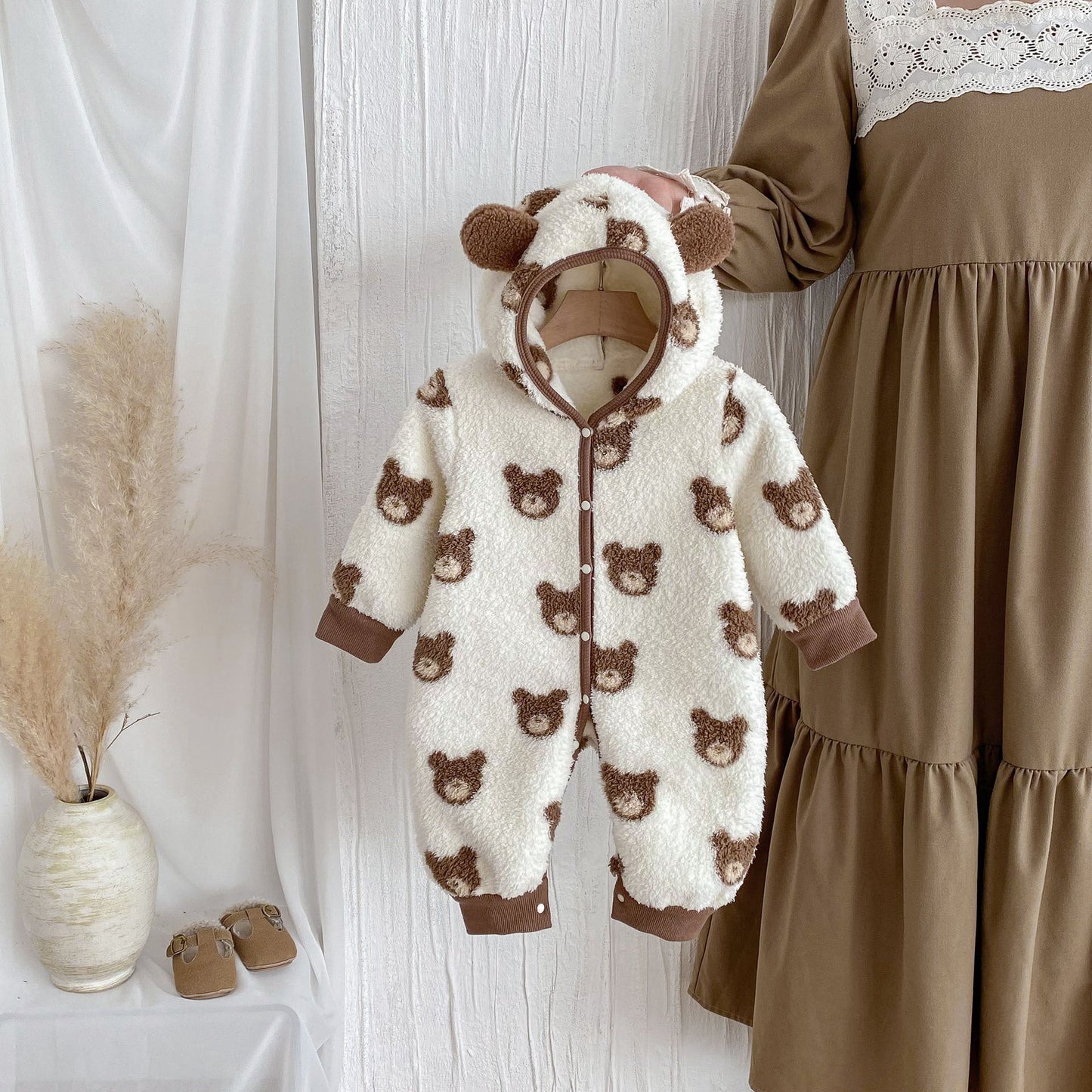 Winter Arrival Baby Cute Teddy Hooded Design Warm Fleece Rompers - DraftFuel Sports