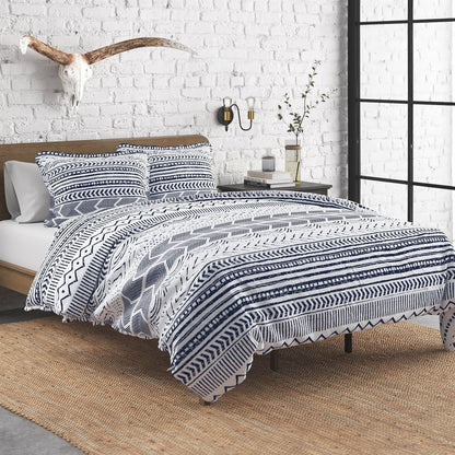 3 Piece Scandinavian Blue White Reversible Cotton Set in Full/Queen - DraftFuel Sports