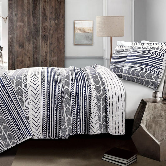 3 Piece Scandinavian Blue White Reversible Cotton Set in Full/Queen - DraftFuel Sports