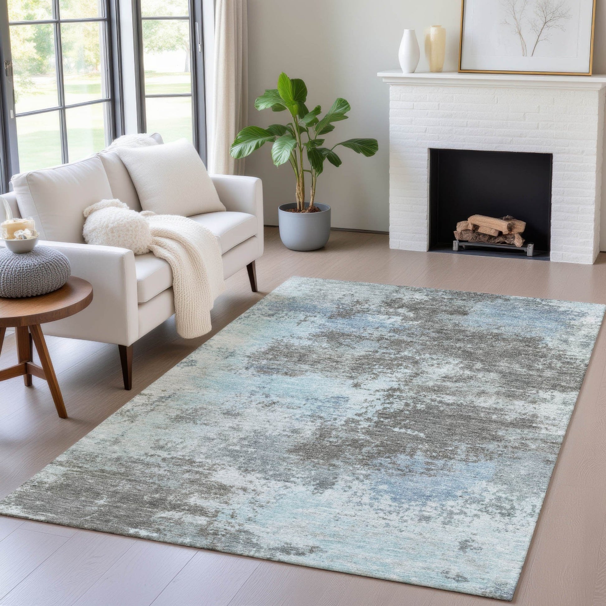 3' X 5' Taupe And Sky Blue Abstract Washable Indoor Outdoor Area Rug - DraftFuel Sports