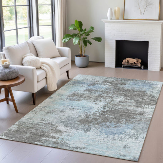 3' X 5' Taupe And Sky Blue Abstract Washable Indoor Outdoor Area Rug - DraftFuel Sports