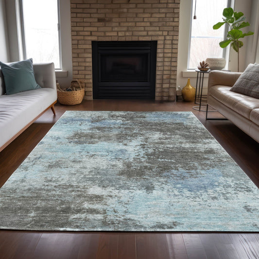 3' X 5' Taupe And Sky Blue Abstract Washable Indoor Outdoor Area Rug - DraftFuel Sports