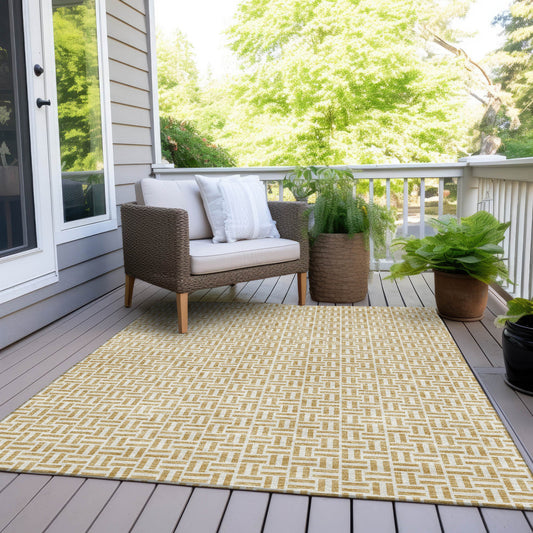 9' X 12' Gold And Ivory Geometric Washable Indoor Outdoor Area Rug - DraftFuel Sports