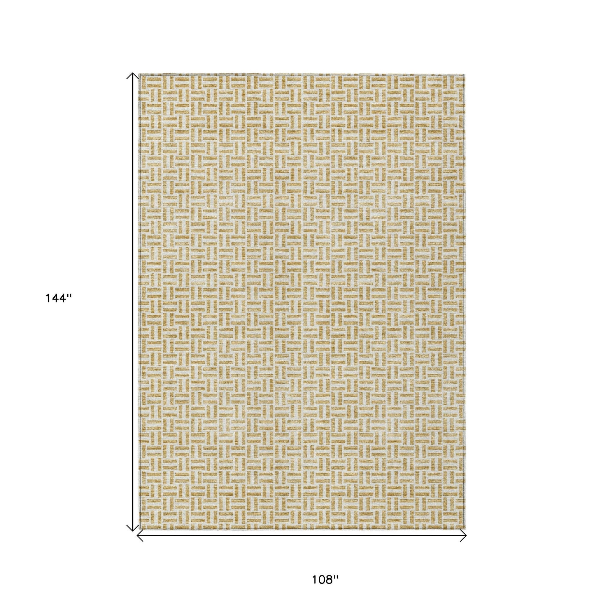 9' X 12' Gold And Ivory Geometric Washable Indoor Outdoor Area Rug - DraftFuel Sports
