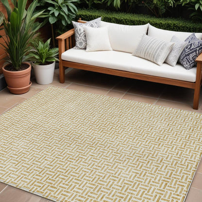 9' X 12' Gold And Ivory Geometric Washable Indoor Outdoor Area Rug - DraftFuel Sports