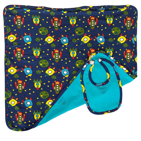 AnnLoren Baby Toddler Boy Space Ship Blanket & Bib Gift Set 2 pc Knit Cotton - DraftFuel Sports