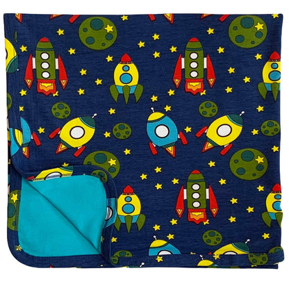AnnLoren Baby Toddler Boy Space Ship Blanket & Bib Gift Set 2 pc Knit Cotton - DraftFuel Sports