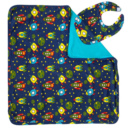AnnLoren Baby Toddler Boy Space Ship Blanket & Bib Gift Set 2 pc Knit Cotton - DraftFuel Sports