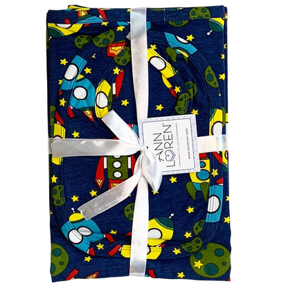 AnnLoren Baby Toddler Boy Space Ship Blanket & Bib Gift Set 2 pc Knit Cotton - DraftFuel Sports