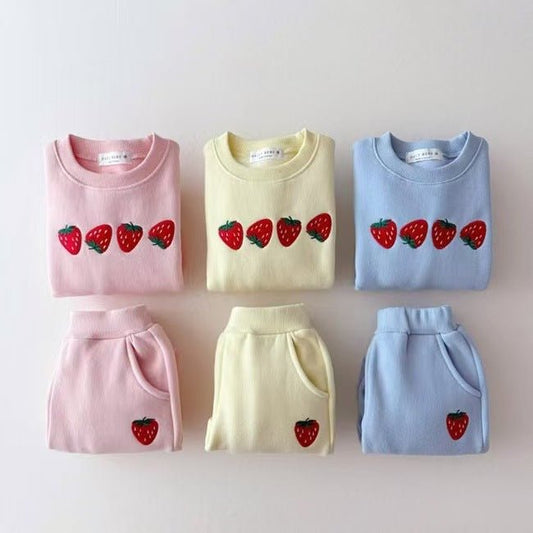 Autumn Baby Kids Unisex Casual Strawberry Embroidered Pattern Long Sleeves Top Pullover and Pants Clothing Set - DraftFuel Sports