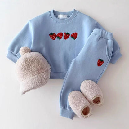 Autumn Baby Kids Unisex Casual Strawberry Embroidered Pattern Long Sleeves Top Pullover and Pants Clothing Set - DraftFuel Sports