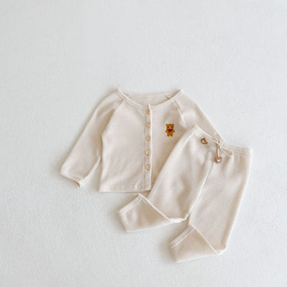 Baby Cartoon Bear Embroidered Graphic Button Front Waffle Knitted Cardigan Combo Pants Sets - DraftFuel Sports